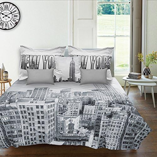 OSD 7pc Grey White New York City Skyline Theme Comforter Queen Set, NYC Manhattan Cities Bedding, Modern Fashion Graphic Downtown NY Street Empire State Building Theme Pattern, Gray Black
