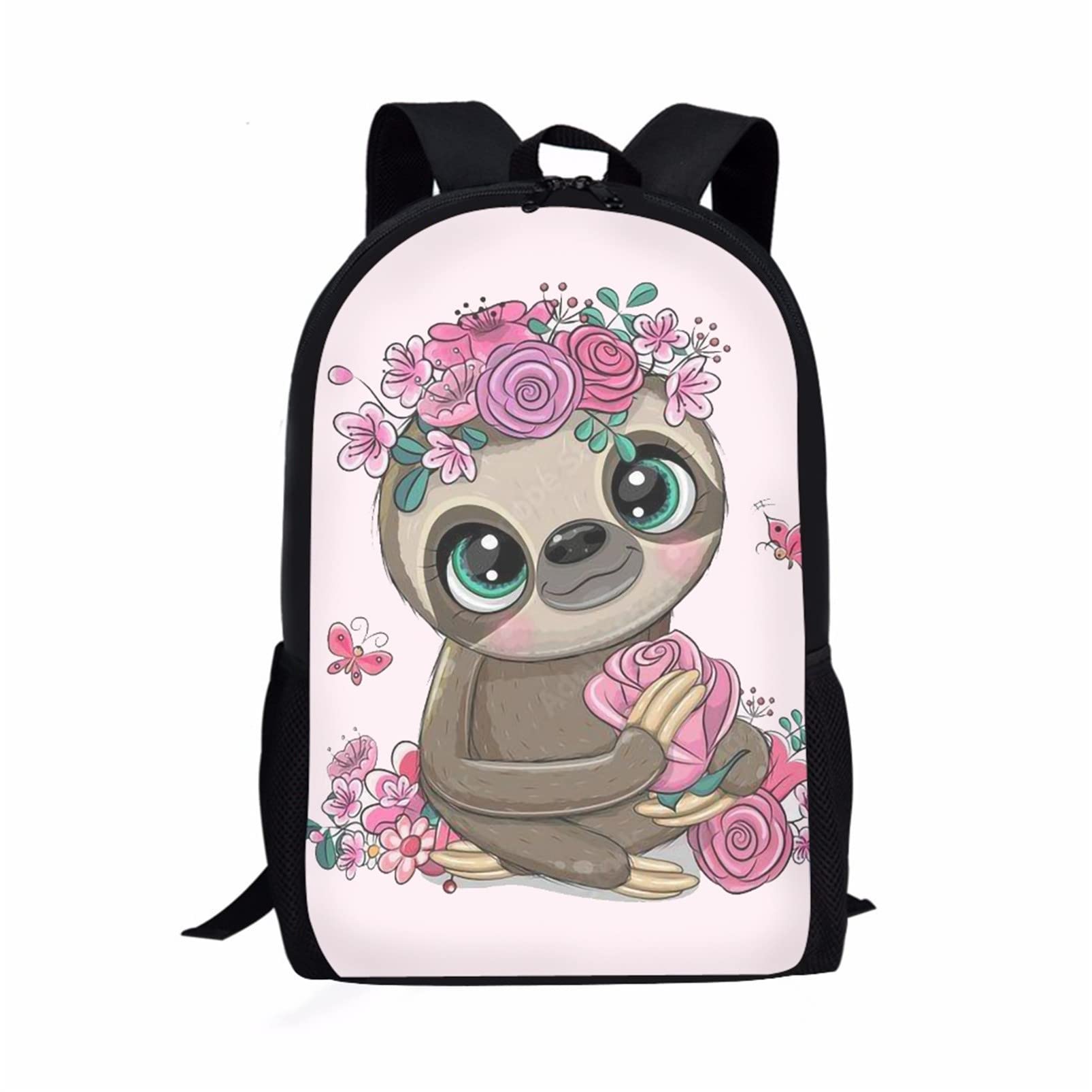 HUIACONG Sloth Flower School Bags for Girls Rucksack Kids School Backpack with Water Bottle Holder Primary School Student Book Bag 17 inch Travel Bagpacks Pink
