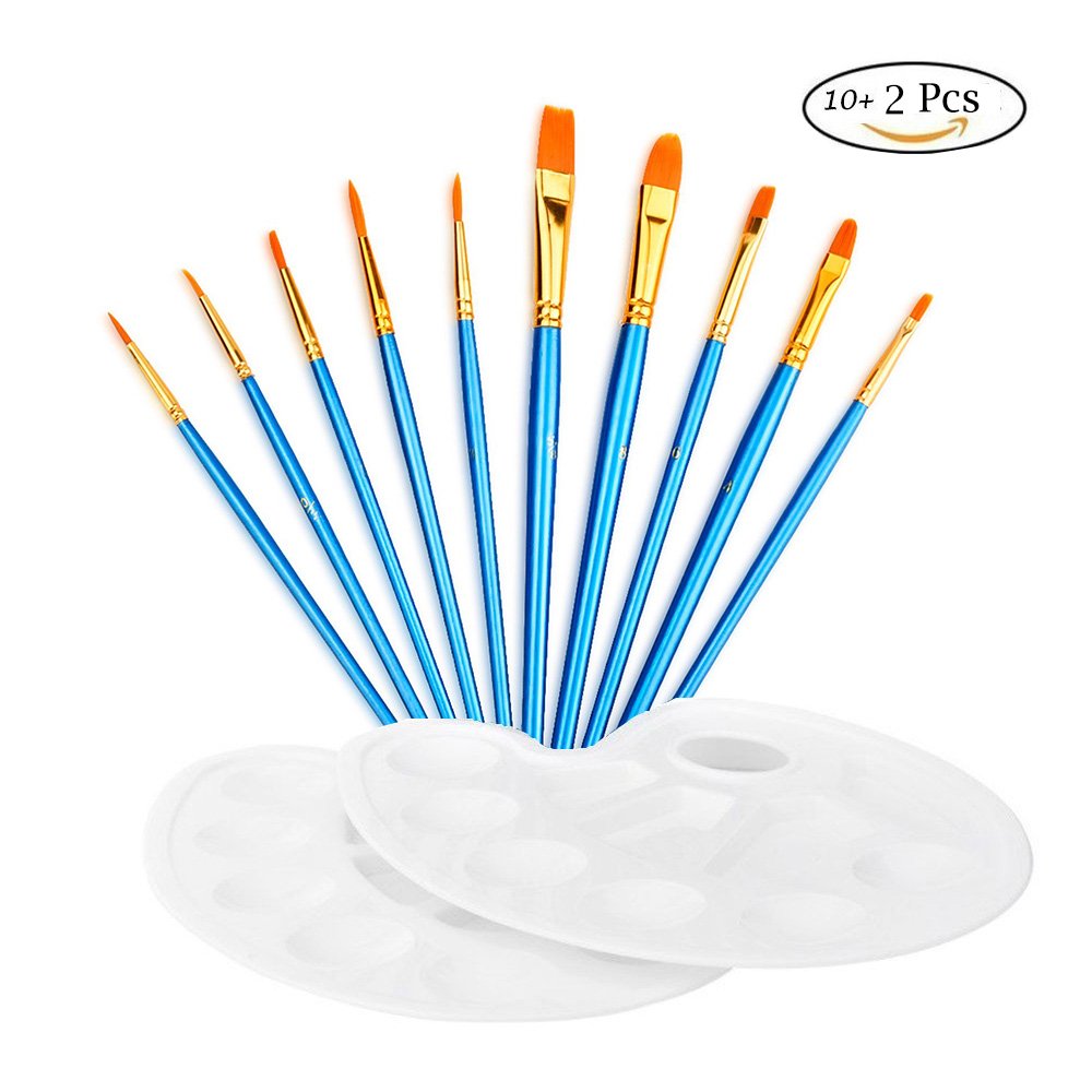 Paint Brush Set, Morkia 10pcs Acrylic Nylon Hair Round and Flat Pointed Tip Art Painting Brushes and 2pcs Paint Tray Palettes