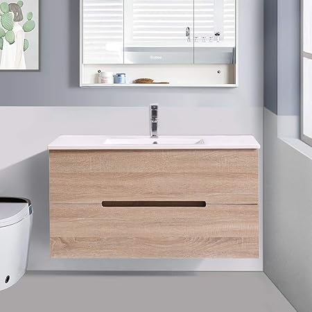 Nrg Wall Hung 2 Drawers Vanity Unit Basin Storage Bathroom Furniture 1000mm Light Oak Amazon Co Uk Kitchen Home