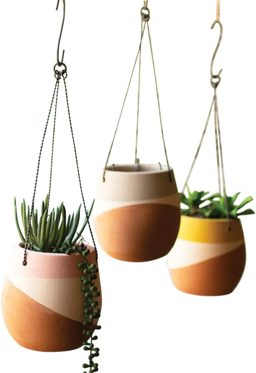 MY SWANKY HOME Tricolor Dipped Clay Hanging Pots Set 3 Wire