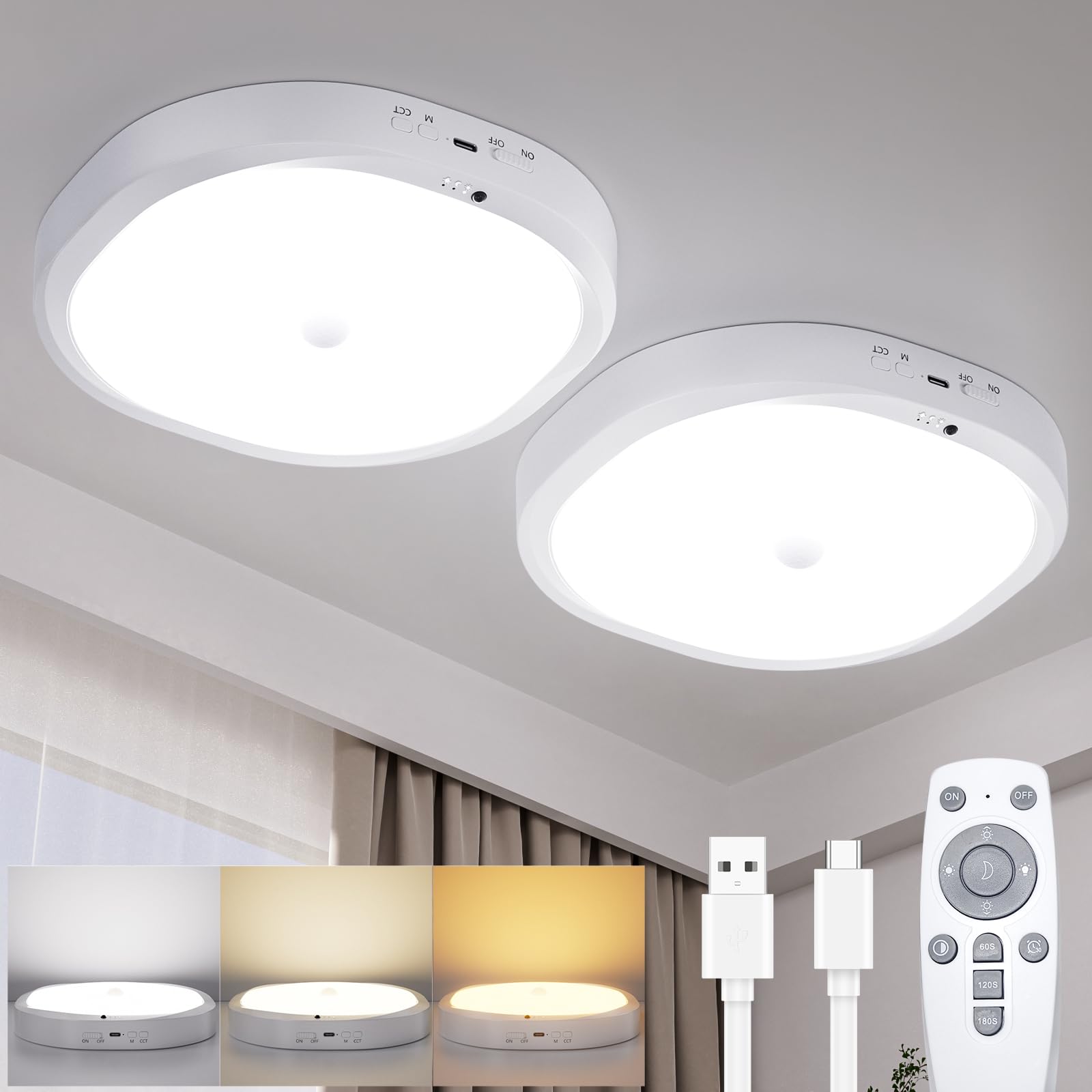 Photo 1 of ***(MISSING REMOTE)***RIRIBEN Rechargeable Motion Sensor Ceiling Light Indoor, 10000mAh Battery Operated Closet Light with Remote Control, Magnetic Mount Shower Light for Bathroom/Pantry/Garage 2-Pack