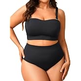Plus Size Bikini Set Bandeau Two Piece Swimsuit with High Waisted Bottoms | Strapless or Adjustable Straps style, High Waisted Tummy Control Bottoms, Removable pads