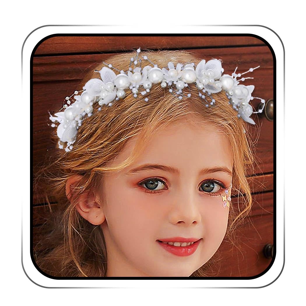 IYOU Flower Girl Headband Silver Pearl Wedding Headpiece Floral Bridal Bridesmaid Hair Accessories for Girls — image 1