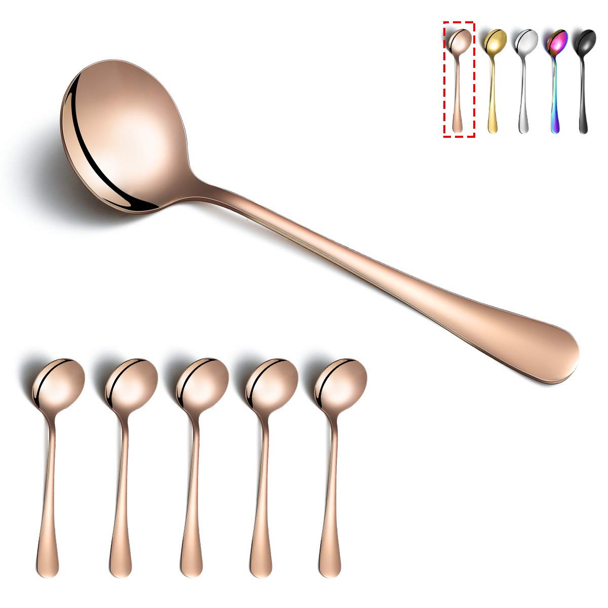 Kyraton Rose Gold 6-Piece 19 cm Stainless Steel Round Spoons with Titanium Plating - Dishwasher Safe Set