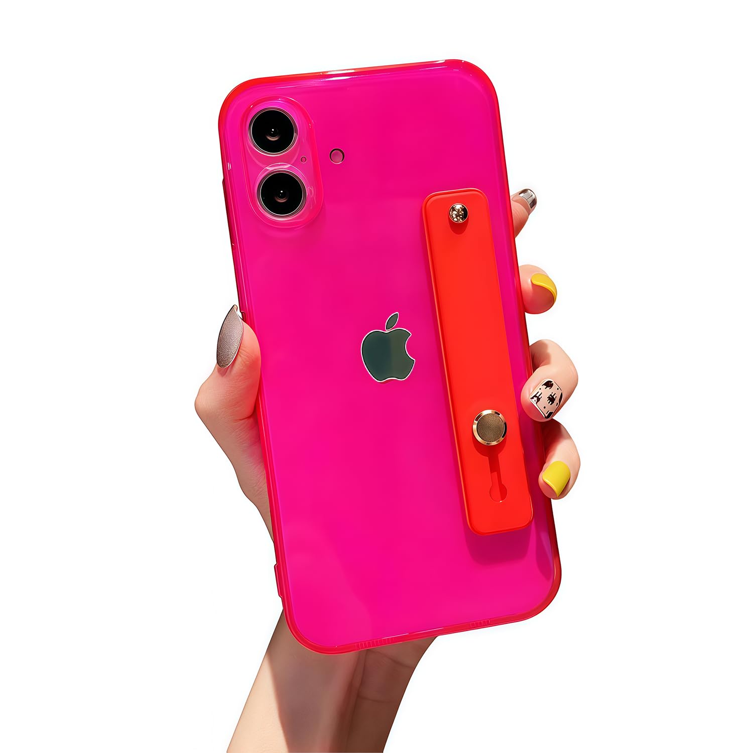 siduater Strap Holder Case for 6.1" iPhone 16 with Wrist Strap Kickstand, Shockproof Translucent PC Back Cover + Soft TPU Bumper with Adjustable Hand Grip Loop for iPhone 16 6.1 Inch, Neon Magenta