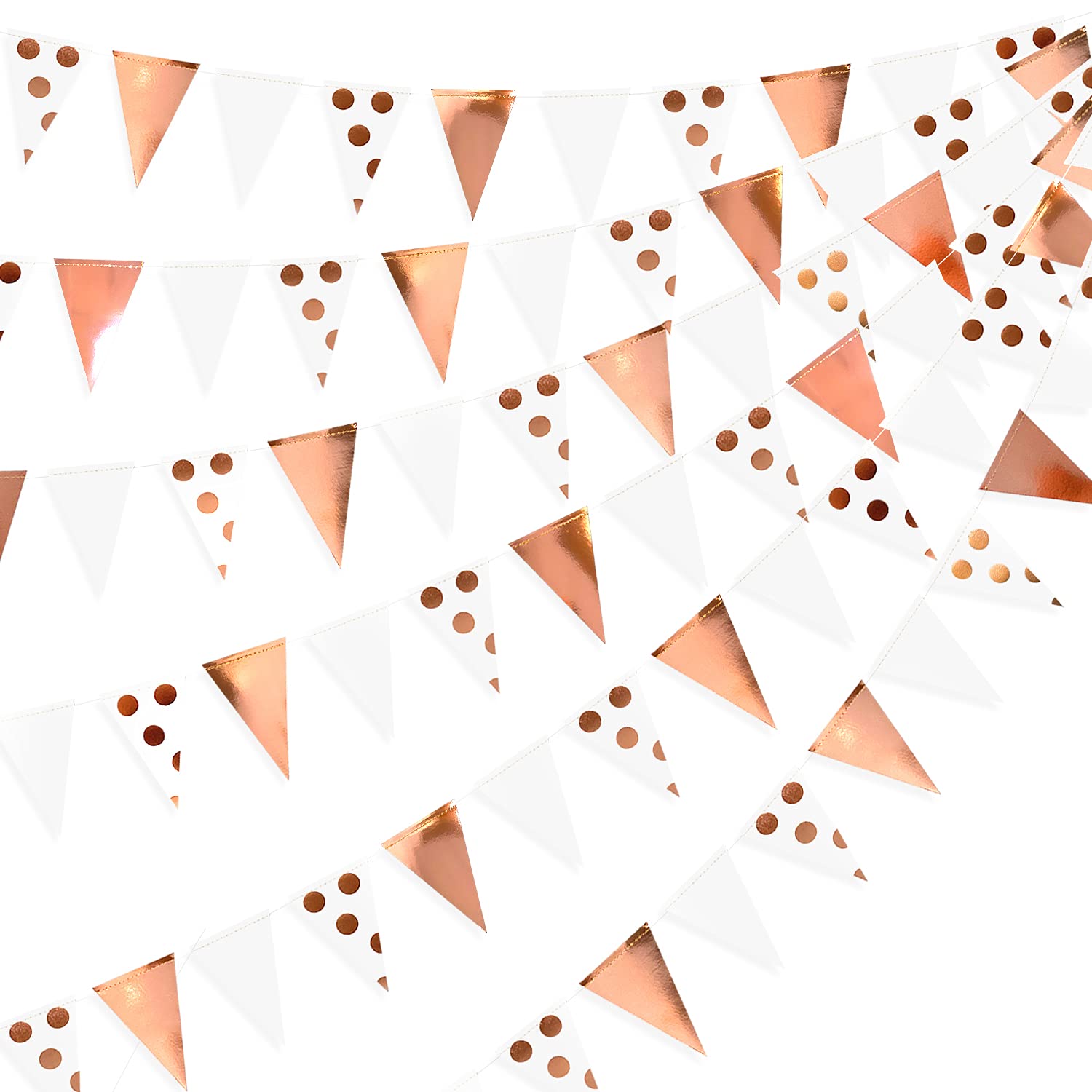 30Ft Rose Gold Bunting Banner Foil Polka Dot Pennant Banner Paper Triangle Flags Garland for Birthday Wedding Baby Shower Engagement Bachelorette Anniversary Xmas Holiday Hen Party Decorations