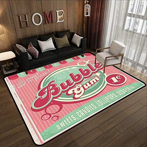 Best Floor mats，1950s Decor Collection,Bubble Gum Chewing Delicious Candy Lollipop Sweet Sugar Advertise Poster Style,Magenta Light Blue 71"x 81.5" Anti Slip House Kitchen Door Area Rug