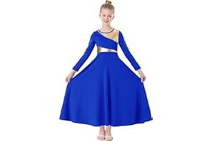 TLMNU Girls Praise Dance Dress Metallic Gold Liturgical Worship Church Robe Full Length Swing Lyrical Costume
