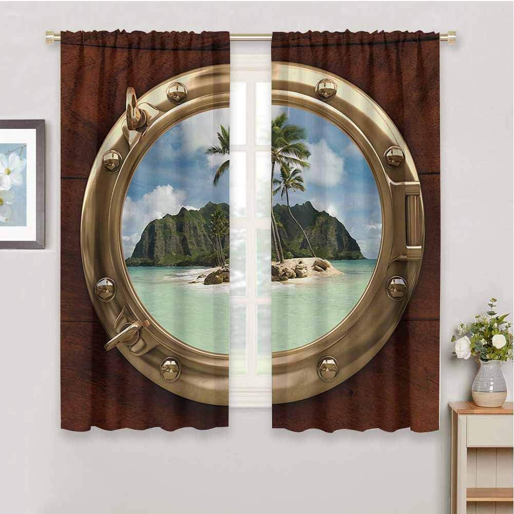 DIMICA Black Out Window Curtain Hawaiian Porthole Inside Ship View of a Deserted Island Hill Cliff Tropical Holiday Print Living Room Decor Blackout Shades W63 x L63 Inch Brown Yellow Green