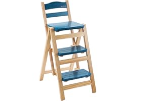 QQXX Folding Bar Stool Multifunctional 3 Step Ladder,Solid Wood Ladder Stool Counter Height Tall Stool,Portable Foldable Stool Step Stool for Adults Kitchen Outdoor(21.5” X 15.7” X 34.6”, Blue)