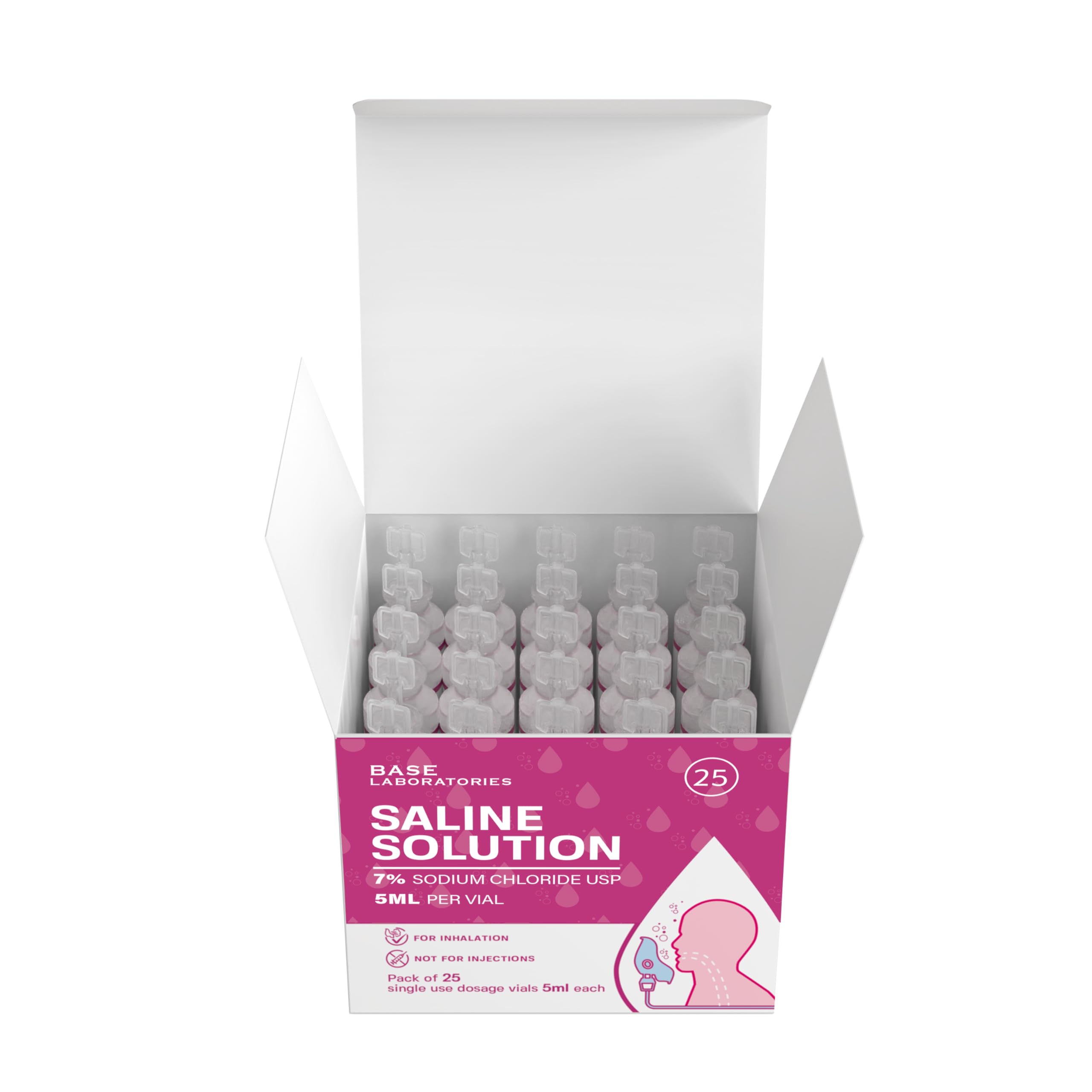 BASE LABORATORIES 7% Saline Solution for Nebulizer Machine | Saline Solution for Inhalation & Nasal Irrigation | High 7% Concentration l 25 Vials 5ml Unit Dose