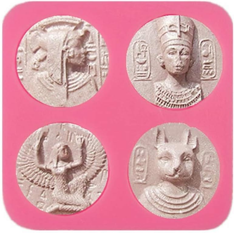 Egypt Pharaoh Cookie Silicone Mold Ancient Coin Style DIY Topper Decoration Non-stick Premium Cooker Accessories Baking Pan Ice Cream Tray for Homemade Chocolate Dessert Gummy Candy, 4 Cavity -Pharaoh