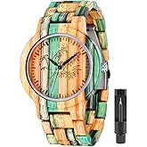 Tiong Brand Wooden Watches Mens with Handmade Colorful Bamboo Wood Watch Analog Date Quartz Wooden Watch for Men