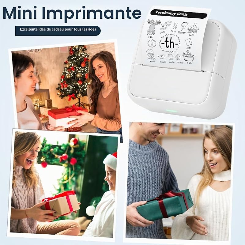 Mini imprimante, imprimante d'autocollants avec 6 rouleaux de papier thermique, imprimantes thermiques de poche portables, imprimantes photo sans encre Bluetooth sans encre avec batterie