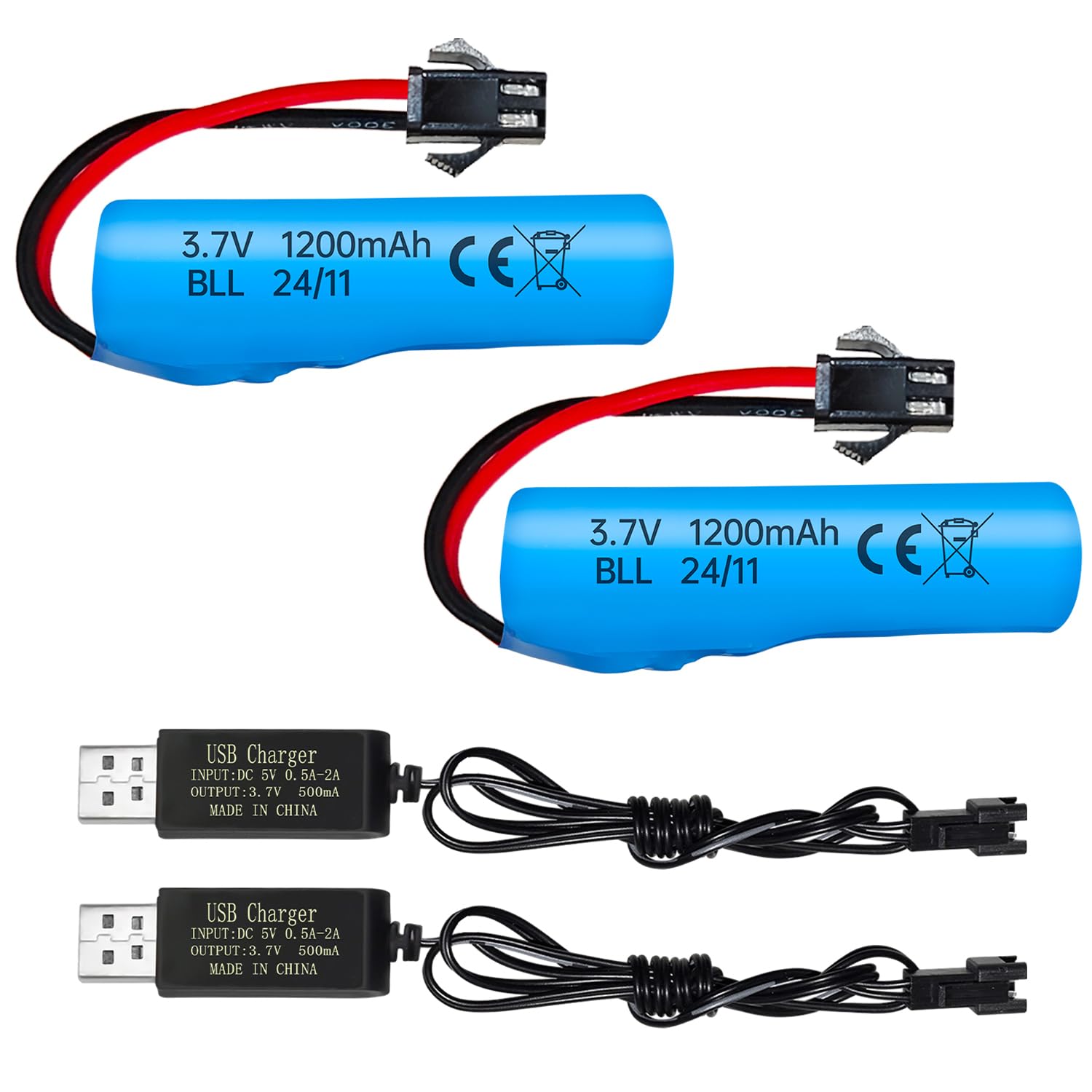 ZYGY 2PCS 3.7V 1200mAh Li-ion Battery SM-2P Plug with USB Charger for Double Sided RC Stunt Cars Trucks RC Cars DE68 DE44 DE45 DE58 DE49 DE57 DE70 Toy Car Battery