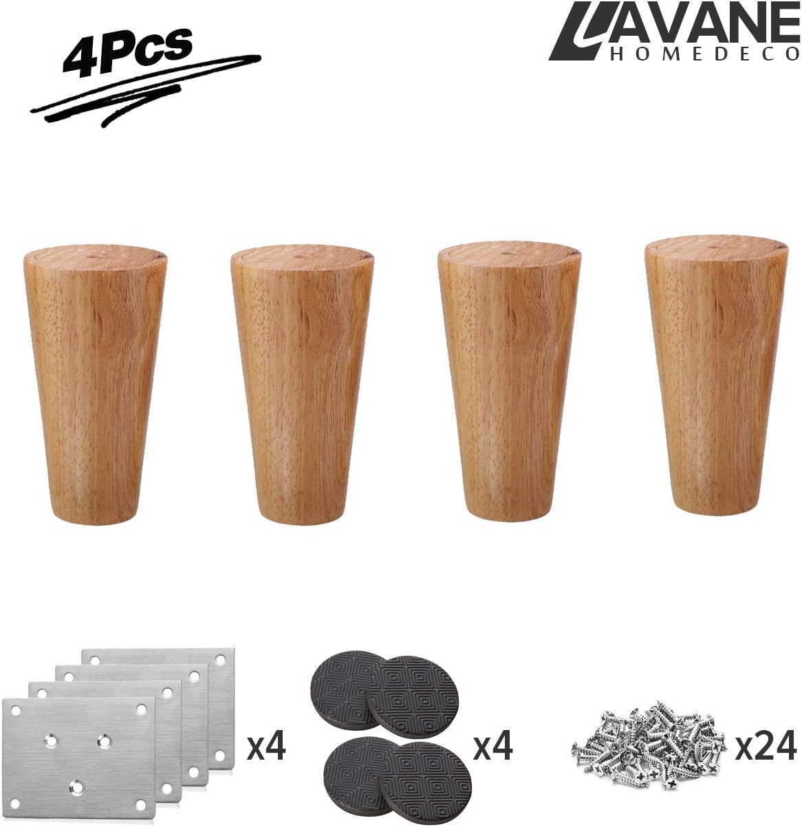 La Vane 4.72 inch / 12cm Wooden Furniture Legs, Set of 4 Solid Wood Cone Shaped Furniture Replacement Feet with Mounting Plate & Screws for Sofa TV Cabinet Bed Dining Table