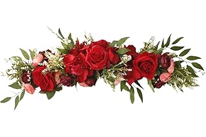 Firlar Artificial Red Rose Flower Swag, 25.6 Inch Silk Rose Flower Garland Wreath Decorative Swag with Fake Roses and Green Leaves for Wedding Arch Chair Back Front Door Wall Home Decor