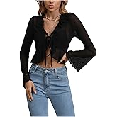 GORGLITTER Women's Bell Sleeve Tie Front Y2K Tops Classy Cute Sheer Going Out Gothic Concert Mesh Long Sleeve Crop Tops