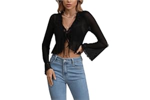 GORGLITTER Women's Tie Front Top Y2K Gothic Fall Sheer Mesh Bell Long Sleeve Grunge Concert Going Out Tops Shirt Blouse
