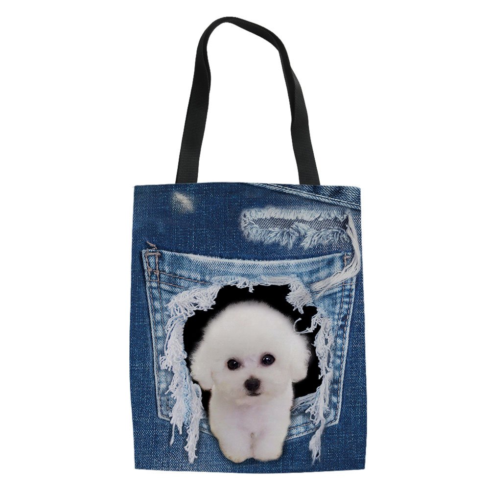 HUGS IDEA Bichon Frise Dog Print Canvas Shoulder Bags Tote Shopping Handbag Crossbody Bag