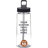 DISCOUNT PROMOS Custom Plastic Sports Bottles with Spill-Proof Lids and Straw – 22 oz. – Set of 10 – Personalized Bulk Pack - Reusable, Perfect for Gym, Outdoor Sports, Home, Office - Clear