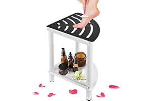 Arjiekwei Metal Corner Shower Stool for Shaving Legs, Small Waterproof Shower Foot Rest, 2-Tier Metal Shower Corner Bench with Storage Shelf for Bathroom(Big Size White)