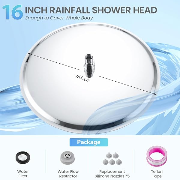 KINLIV 16 INCH ROUND RAINFALL SHOWER HEAD CHROME – ALL METAL STAINLESS STEEL 304, FULL BODY RAINFALL SHOWER WITH 230 SILICONE NOZZLES
