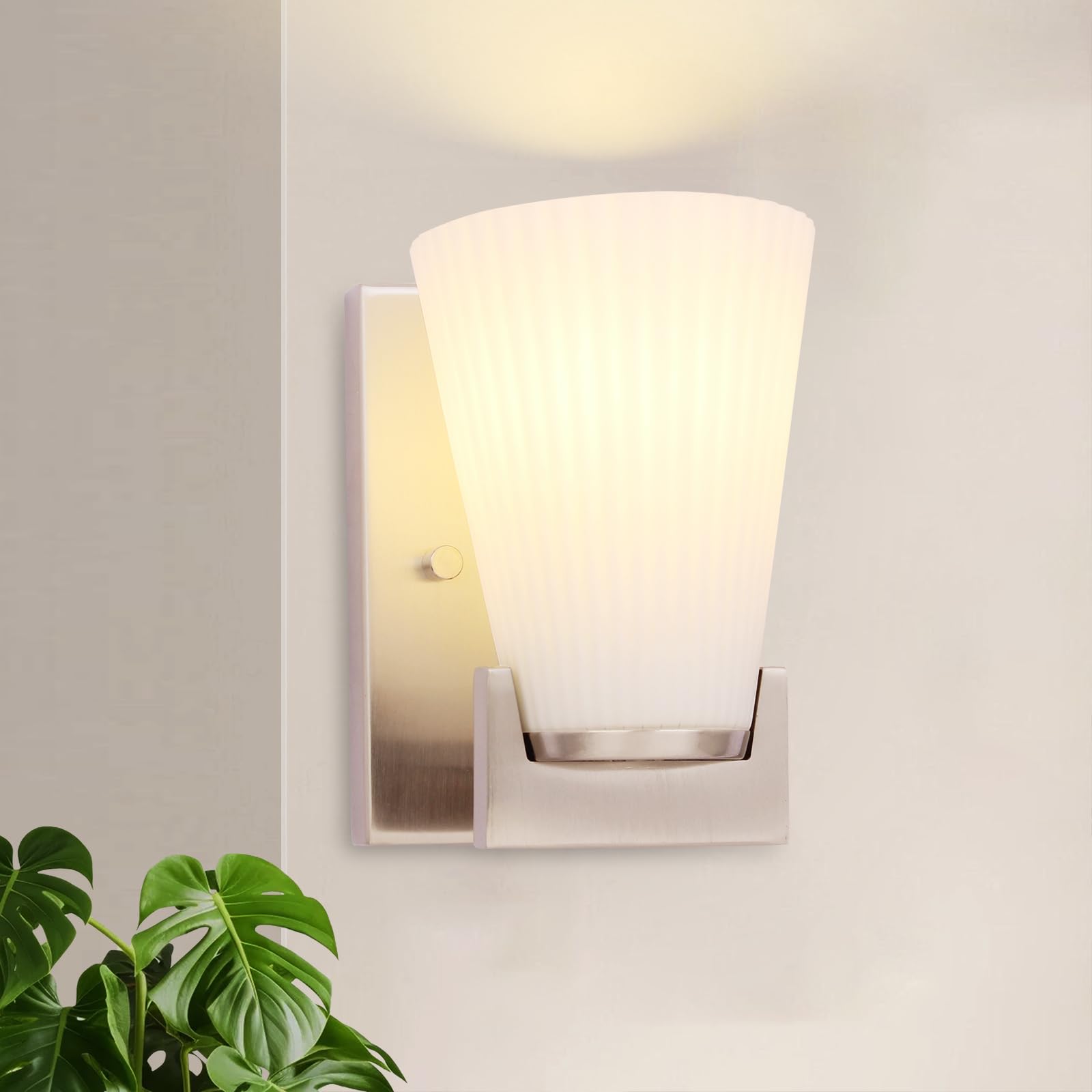 Photo 1 of 1-Light Bathroom Vanity Light, Brushed Nickel Wall Sconce with Ribbed White Glass Shade for Mirror, Bathroom, Bedroom, Living Room, Modern Style Wall Light, 1 Pack, E26 Base (Bulbs Not Included)