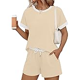 LOMON Women's 2 Piece Short Sets Summer Crew Neck Short Sleeve Matching Sets Outfits with Pockets