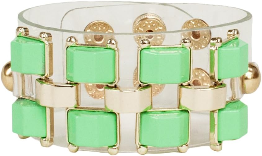 ADORNING AVA Clear Plastic Chunky Cuff Bracelet with Green Stud Detail and Gold Metal Work