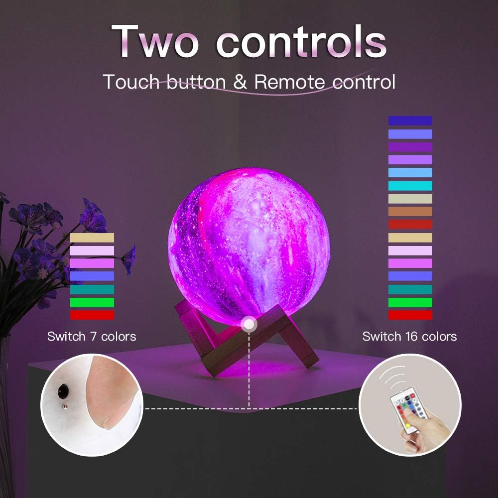BRIGHTWORLD Moon Lamp Kids Night Light Galaxy Lamp 5.9 inch 16 Colors LED 3D Star Moon Light with Wood Stand, Remote & Touch Control USB Rechargeable Gift for Baby Girls Boys Birthday - - 