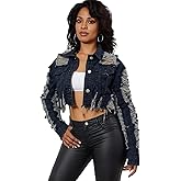 Tbahhir Women's Ripped Denim Jackets Cropped Button Down Long Sleeve Jean Jacket Top Coat with Raw Hem Distressed
