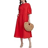 Ladyful Women's Button Down Shirt Dress Short Puff Sleeve Maxi Sundress Tie Waist Flowy A-line Long Dresses