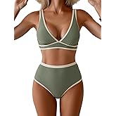 Aidonger Women's High Waisted Bikini Sets Two Piece Color Block Triangle Swimsuits Sexy V Neck Bathing Suits