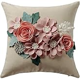 JWH 3D Flower Throw Pillow Cover Aesthetic Decorative Floral Accent Pillow Case Colorful Cushion Handmade Pillowcase for Bed Living Room Couch Office 18x18 Inch Beige Pink Green