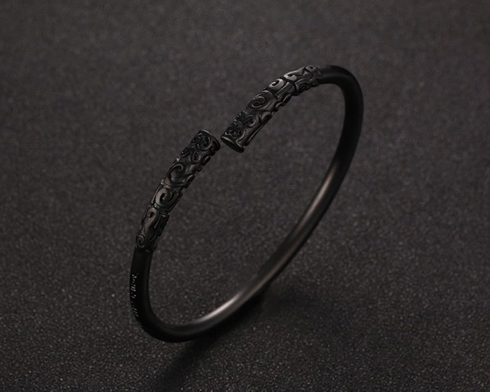 HIJONES Men's Stainless Steel Ancient Buddhist Open Cuff Bangle Bracelet Manly Black, 7 5 inch - Image 4