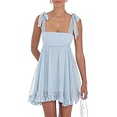 Women's Y2k Lace Strappy Sleeveless A Line Dress Cute Pleated Beach Tie Waist Dresses Swing Casual Summer Short Sweardress