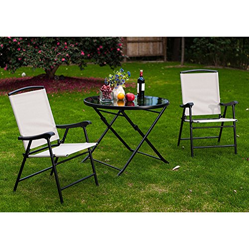 SunLife Modern Outdoor Folding Lawn Chairs with Steel Frame, Portable for Lawn, Garden, Patio, Beach Set of 2, Black Frame/Beige Fabric
