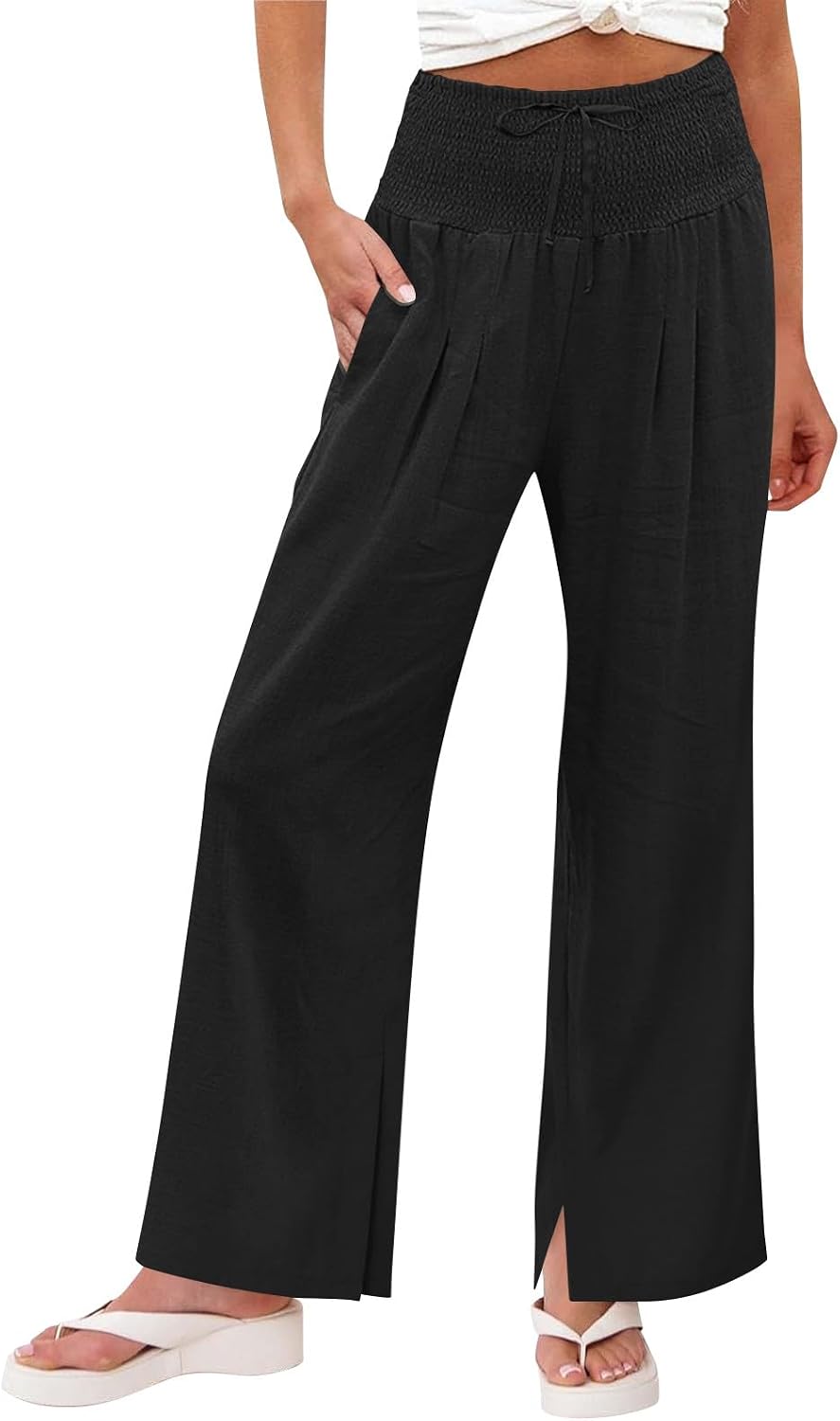 Linen Pants Women 2026 Summer Wide Leg Palazzo Pants High Waist Travel Flowy Trousers with Pockets Vacation Clothes
