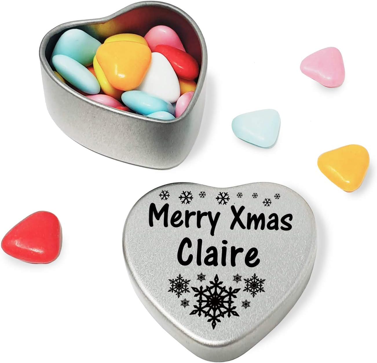 Gift In Can Merry Xmas Claire Heart Shaped Mini Tin Gift filled with mini coloured chocolates perfect christmas card alternative for Claire Fun Festive Snowflakes Design