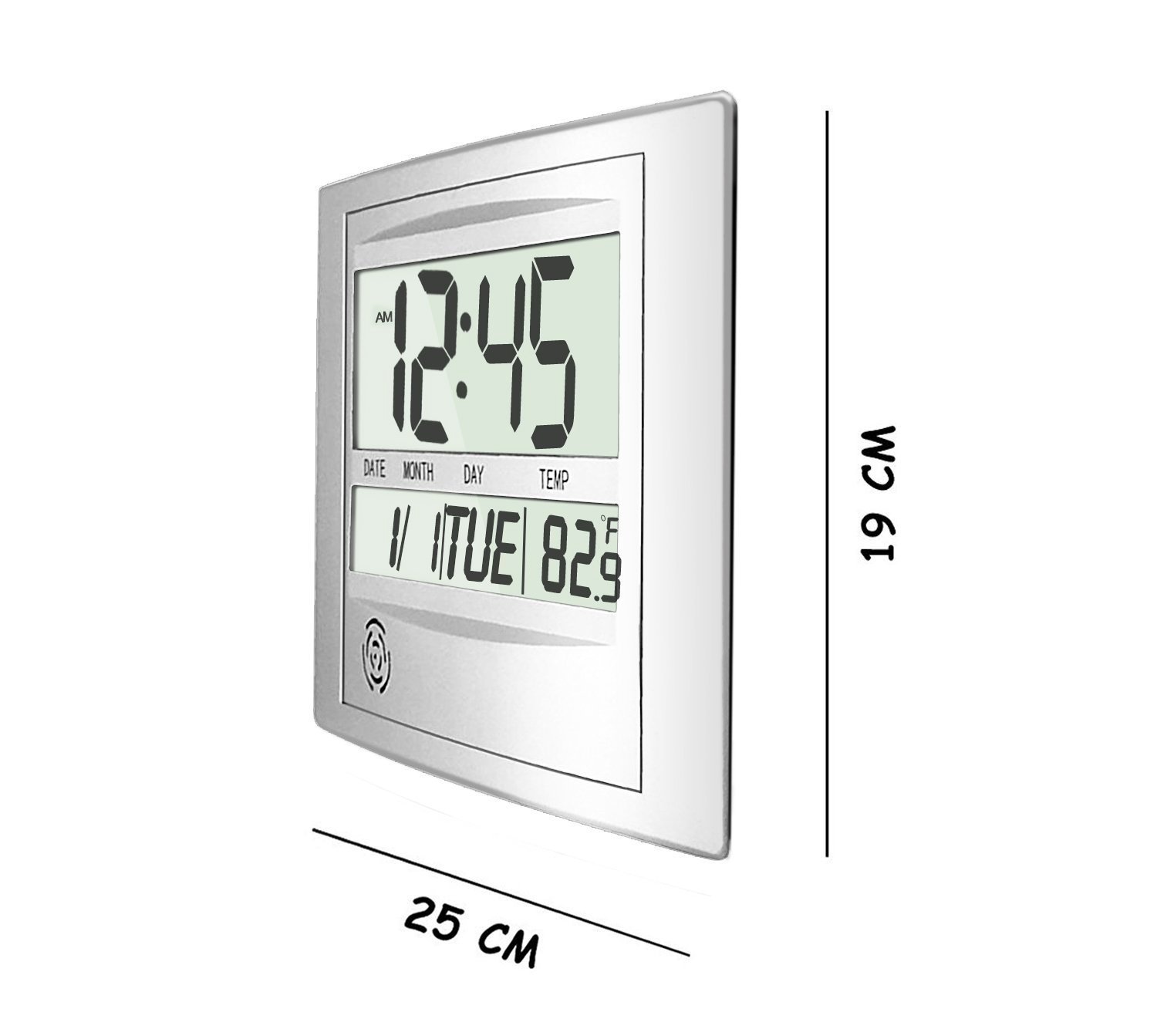 Digital Wall Clock, HeQiao Decorative 12 Inch Desk Shelf Clocks Silent Battery Operated Large LCD Display Temperature Calendar Day Snooze Alarm Clock for Home Office (Luxury Silver)