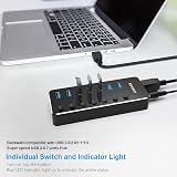 RSHTECH USB Hub 7 Port USB 3.0 Aluminum Splitter w/ On/Off Switches & 5V Power view 2