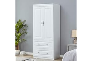 TrendTerrace 2 Door Armoire Wardrobe Closet, Two Drawers Wooden White Closet Wardrobe Cabinet for Large Capacity with Hanging Rod and Metal Handles for Tall Cabinet Closet