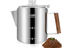 DITOSH 6 Cup Percolator 304 Stainless Steel Coffee Pot Coffee Maker Coffee Machine with Solid Wood Handle Transparent Knob Stovetop Greca Mocha for Induction Home and Camping 1000ml 33.8oz