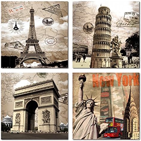 Englant-Canvas Print for the Eiffel Tower New York City Leaning Tower of Pisa Triumphal Arch Wall Decor Unframed Model 16x16inchx4pcs