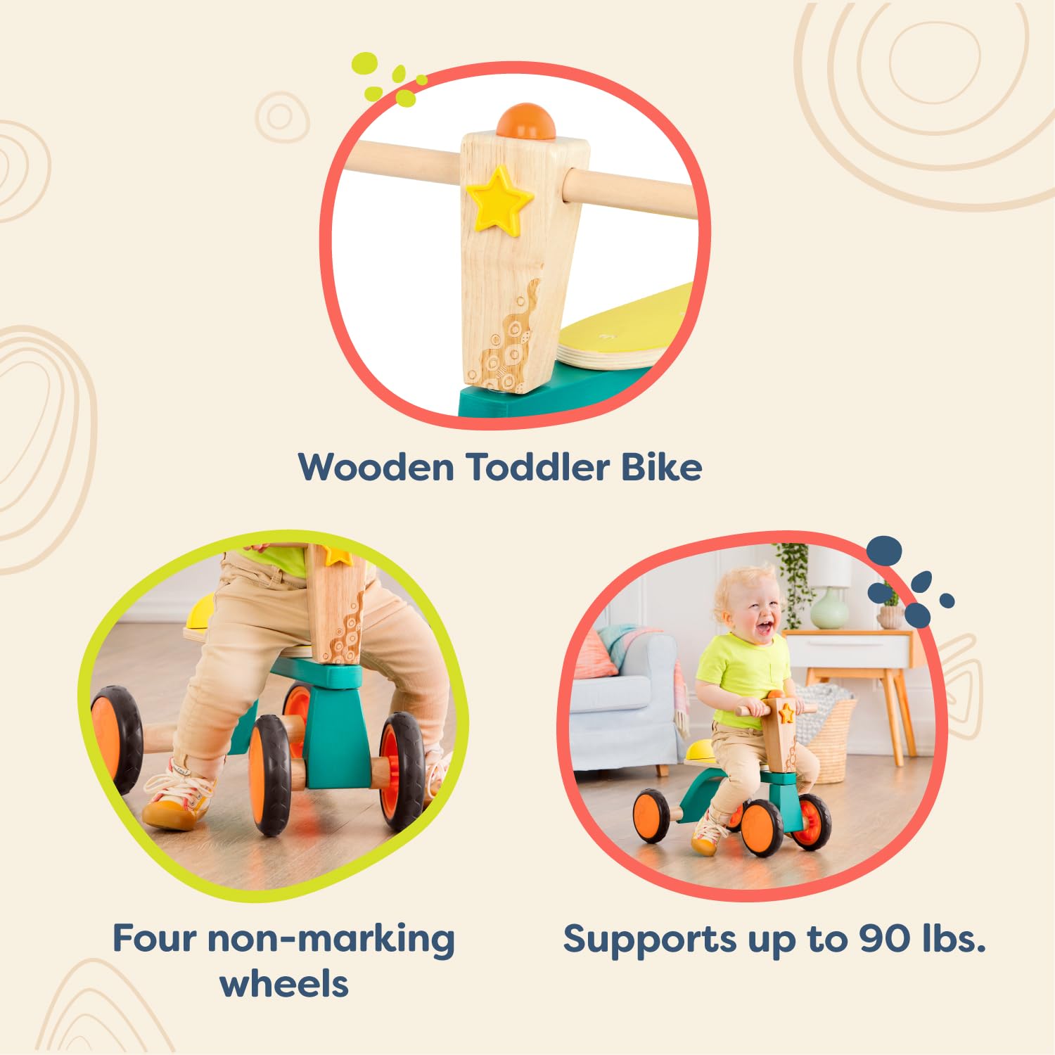 B. Toys- Smooth Rider- Ride On- Wooden Toddler Bike – Balance Toys for Toddlers – Push & Ride Bike – Four Wheels – 18 Months +, Large, Multicolor