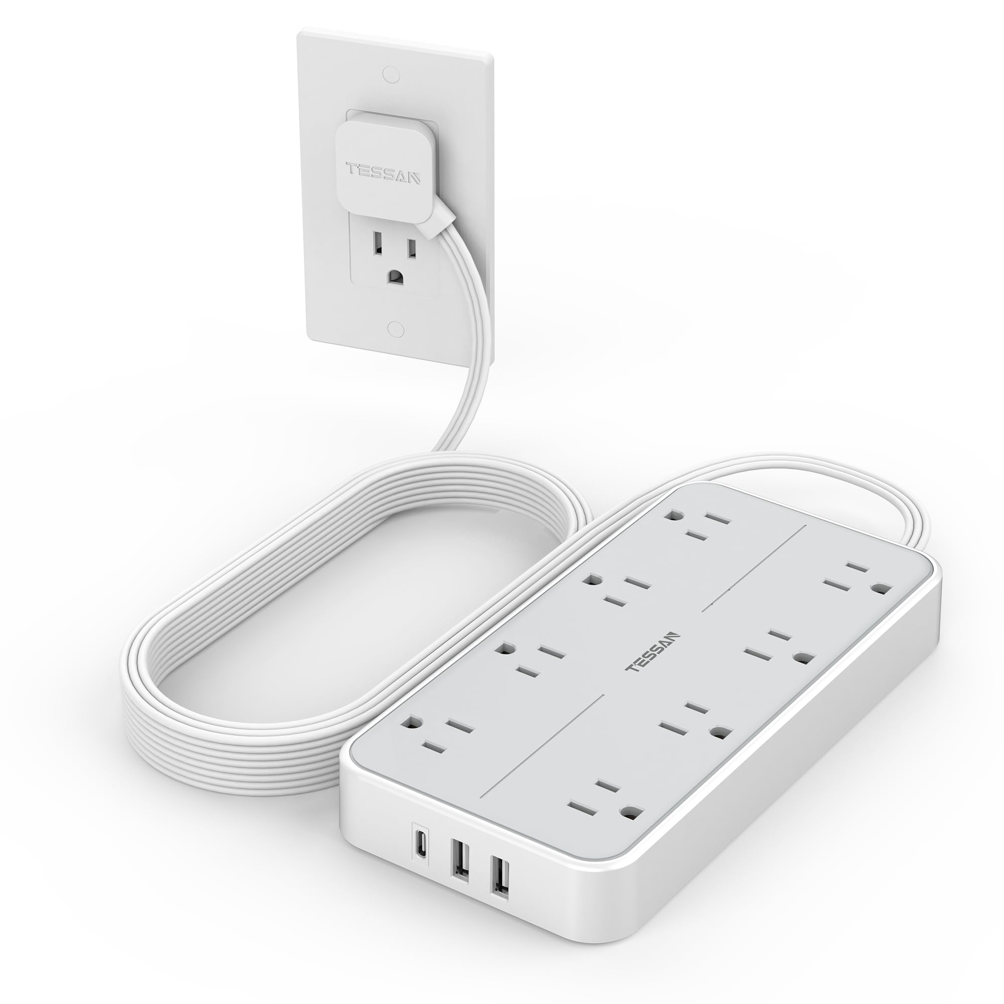 Photo 1 of Power Strip Surge Protector 10 FT, TESSAN Flat Plug Extension Cord with 8 Outlets 3 USB Ports(1 USB C), 1080Joules Wall Mountable Multi Port Charging Station for Home Office Dorm Room Essentials