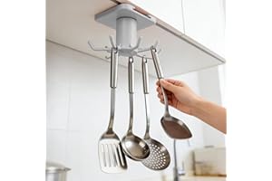 Under Cabinet Kitchen Utensil Hook, 360° Rotating Utensils Hanger Hook for Bathroom Hanging Rack for Towel Knife Scoop(Gray)