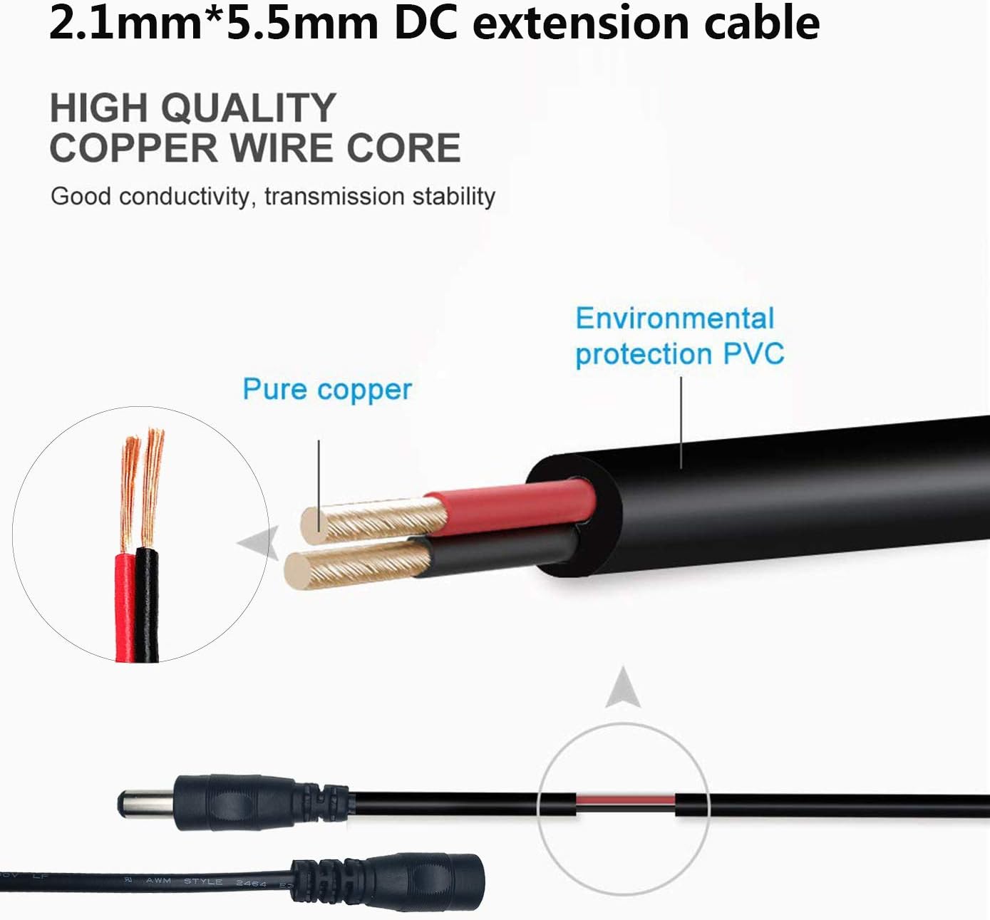 Liwinting 3m/9.8ft DC Extension Cable 2.1mm / 5.5mm Male to Female Connector - Image 4